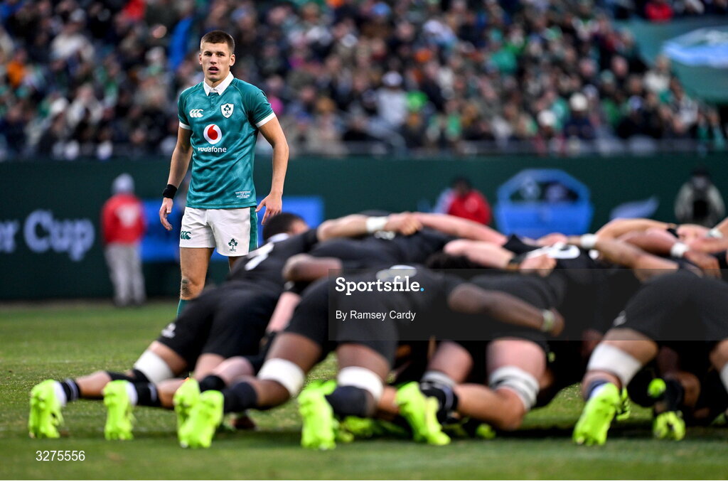 1 November 2025; Sam Prendergast of Ireland during the Gallagher Cup match between Ireland and New Zealand at Soldier Field in Chicago, USA. Photo by Ramsey Cardy/Sportsfile
