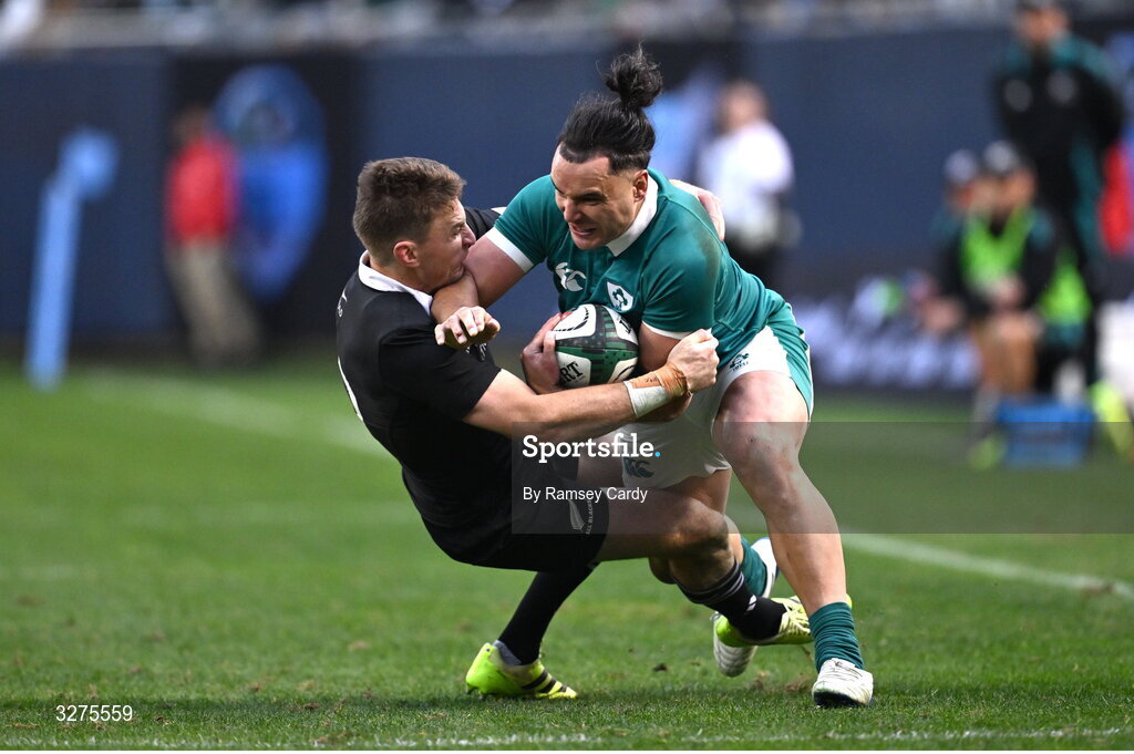 1 November 2025; James Lowe of Ireland in action against Beauden Barrett of New Zealand during the Gallagher Cup match between Ireland and New Zealand at Soldier Field in Chicago, USA. Photo by Ramsey Cardy/Sportsfile