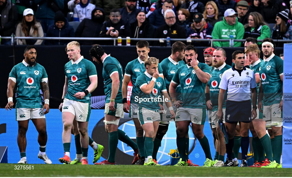 1 November 2025; Ireland players reacts after Cam Roigard of New Zealand, not pictured, scores their side's fourth try during the Gallagher Cup match between Ireland and New Zealand at Soldier Field in Chicago, USA. Photo by Ramsey Cardy/Sportsfile