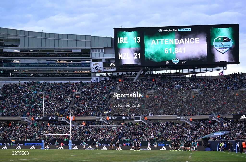 1 November 2025; The attendance is shown on the big screen during the Gallagher Cup match between Ireland and New Zealand at Soldier Field in Chicago, USA. Photo by Ramsey Cardy/Sportsfile