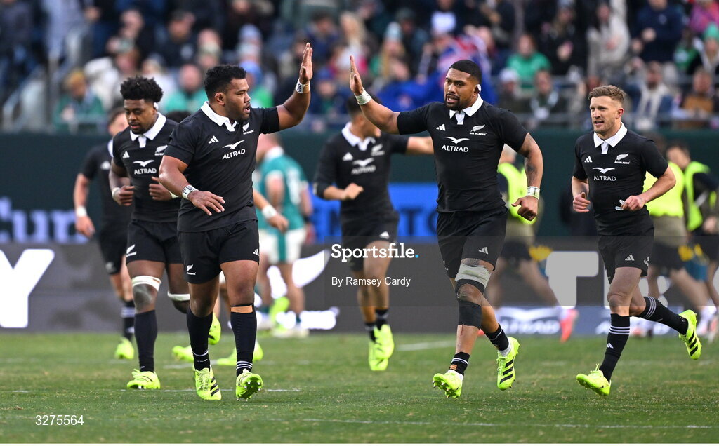 1 November 2025; Samisoni Taukei’aho, left, and Ardie Savea of New Zealand celebrate during the Gallagher Cup match between Ireland and New Zealand at Soldier Field in Chicago, USA. Photo by Ramsey Cardy/Sportsfile
