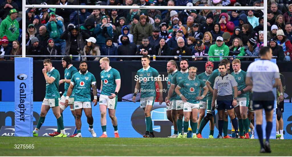 1 November 2025; Ireland players reacts after Cam Roigard of New Zealand, not pictured, scores their side's fourth try during the Gallagher Cup match between Ireland and New Zealand at Soldier Field in Chicago, USA. Photo by Ramsey Cardy/Sportsfile