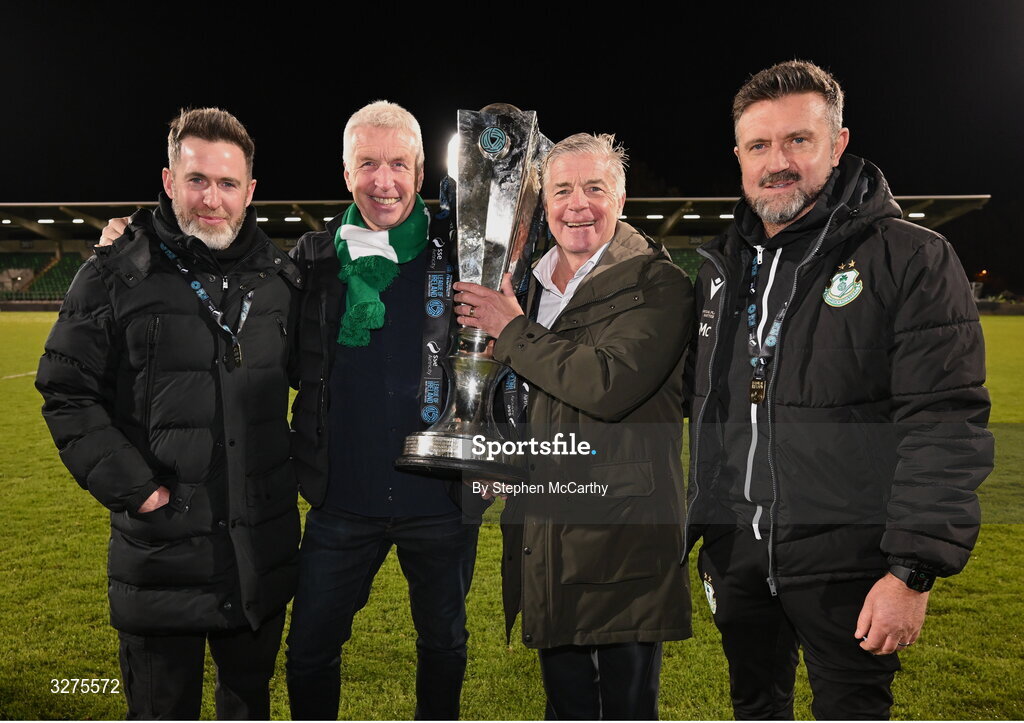 1 November 2025; Shamrock Rovers manager Stephen Bradley, left, Shamrock Rovers independent chairman Ciaran Medlar,  Shamrock Rovers part owner Ray Wilson and Shamrock Rovers sporting director Stephen McPhail celebrate with the SSE Airtricity Men's Premier Division trophy after the SSE Airtricity Men's Premier Division match between Shamrock Rovers and Sligo Rovers at Tallaght Stadium in Dublin.  Photo by Stephen McCarthy/Sportsfile