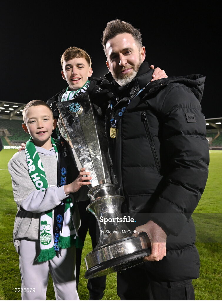 1 November 2025; Shamrock Rovers manager Stephen Bradley and son's Josh and Jayden celebrate with the SSE Airtricity Men's Premier Division trophy after the SSE Airtricity Men's Premier Division match between Shamrock Rovers and Sligo Rovers at Tallaght Stadium in Dublin. Photo by Stephen McCarthy/Sportsfile