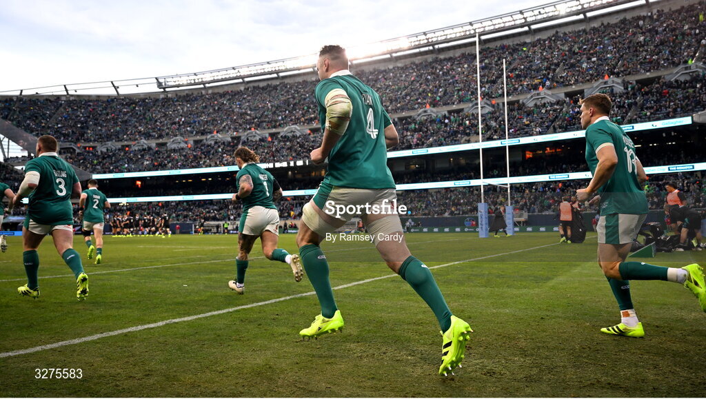 1 November 2025; Ireland players, from left, Tadhg Furlong, Andrew Porter, James Ryan and Garry Ringrose make their way onto the pitch for the second half of the Gallagher Cup match between Ireland and New Zealand at Soldier Field in Chicago, USA. Photo by Ramsey Cardy/Sportsfile