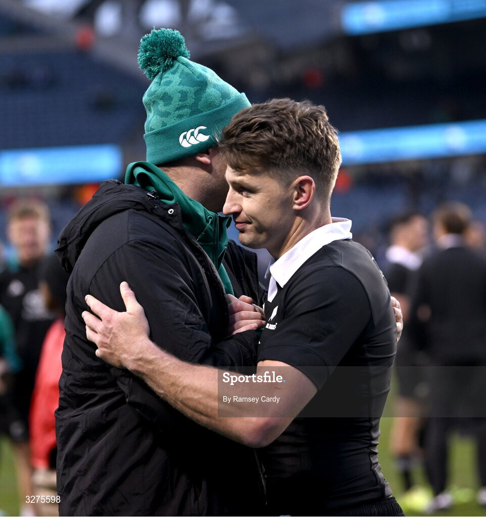 1 November 2025; Tadhg Beirne of Ireland and Beauden Barrett of New Zealand after the Gallagher Cup match between Ireland and New Zealand at Soldier Field in Chicago, USA. Photo by Ramsey Cardy/Sportsfile