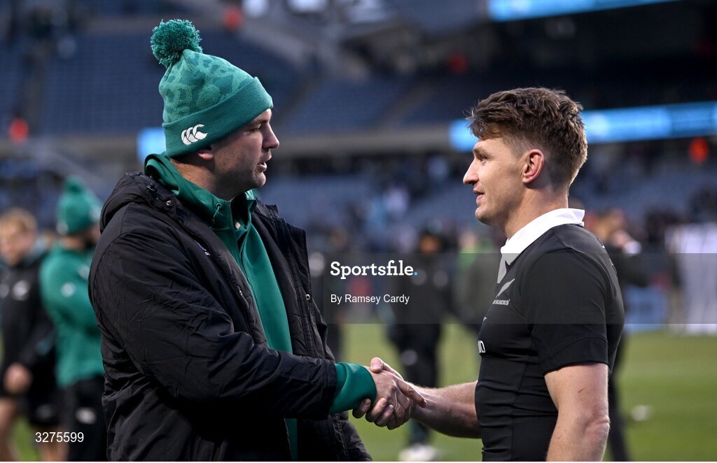 1 November 2025; Tadhg Beirne of Ireland and Beauden Barrett of New Zealand after the Gallagher Cup match between Ireland and New Zealand at Soldier Field in Chicago, USA. Photo by Ramsey Cardy/Sportsfile