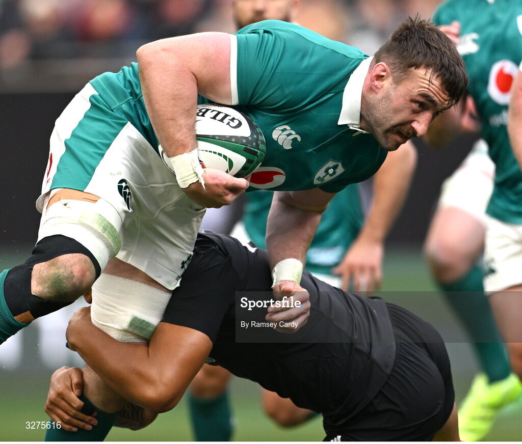 1 November 2025; Jack Conan of Ireland is tackled by Leicester Fainga’anuku of New Zealand during the Gallagher Cup match between Ireland and New Zealand at Soldier Field in Chicago, USA. Photo by Ramsey Cardy/Sportsfile