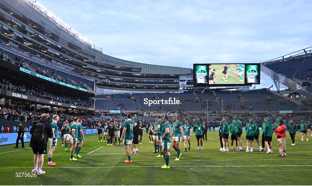 1 November 2025; Ireland players after the Gallagher Cup match between Ireland and New Zealand at Soldier Field in Chicago, USA. Photo by Ramsey Cardy/Sportsfile