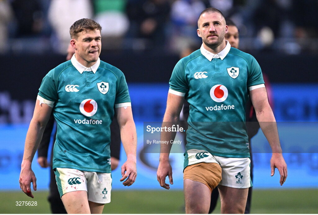 1 November 2025; Garry Ringrose, left, and Stuart McCloskey of Ireland after the Gallagher Cup match between Ireland and New Zealand at Soldier Field in Chicago, USA. Photo by Ramsey Cardy/Sportsfile