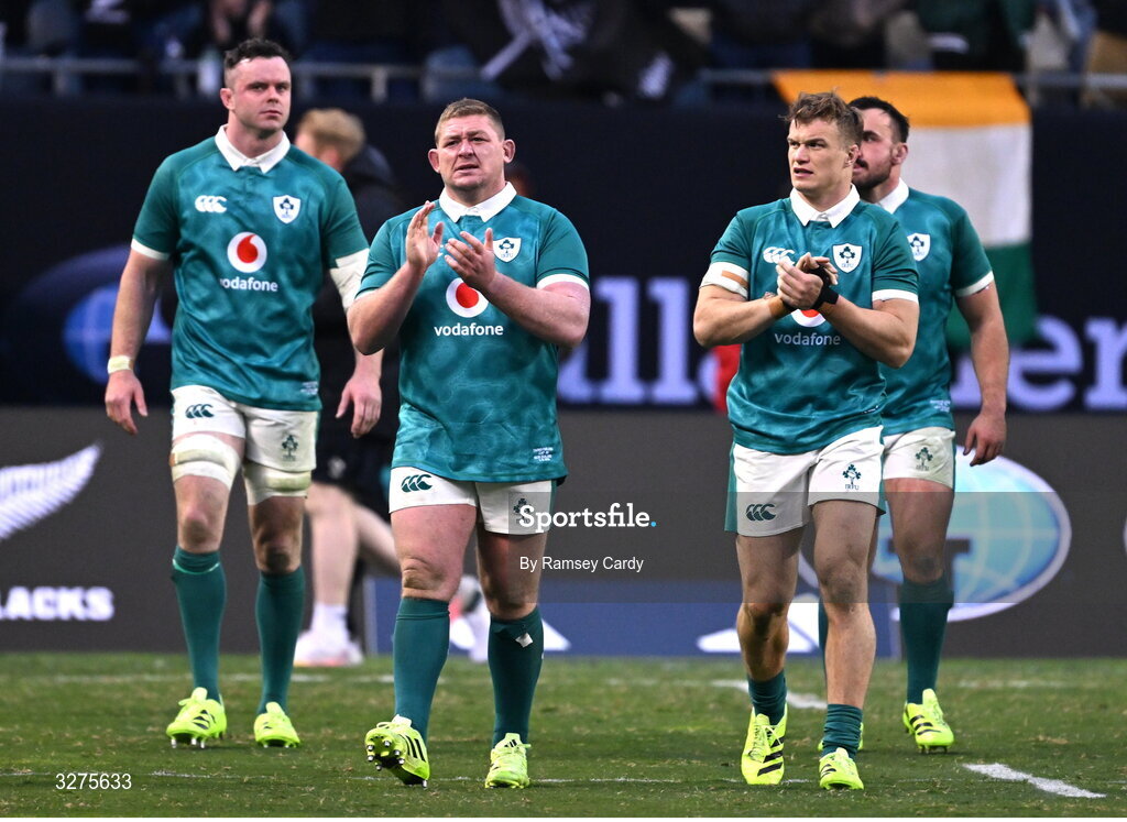 1 November 2025; Ireland players, from left, James Ryan, Tadhg Furlong and Josh van der Flier after the Gallagher Cup match between Ireland and New Zealand at Soldier Field in Chicago, USA. Photo by Ramsey Cardy/Sportsfile Photo by Ramsey Cardy/Sportsfile
