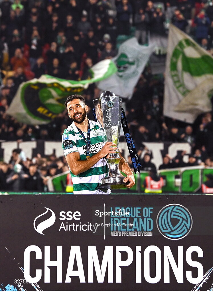 1 November 2025; Shamrock Rovers captain Roberto Lopes celebrates with the SSE Airtricity Men's Premier Division trophy after the SSE Airtricity Men's Premier Division match between Shamrock Rovers and Sligo Rovers at Tallaght Stadium in Dublin. Photo by Stephen McCarthy/Sportsfile