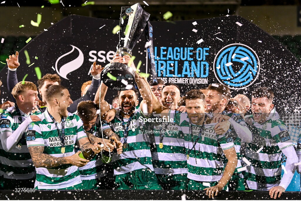 1 November 2025; Shamrock Rovers captain Roberto Lopes and team-mates celebrate with the SSE Airtricity Men's Premier Division trophy after the SSE Airtricity Men's Premier Division match between Shamrock Rovers and Sligo Rovers at Tallaght Stadium in Dublin. Photo by Stephen McCarthy/Sportsfile