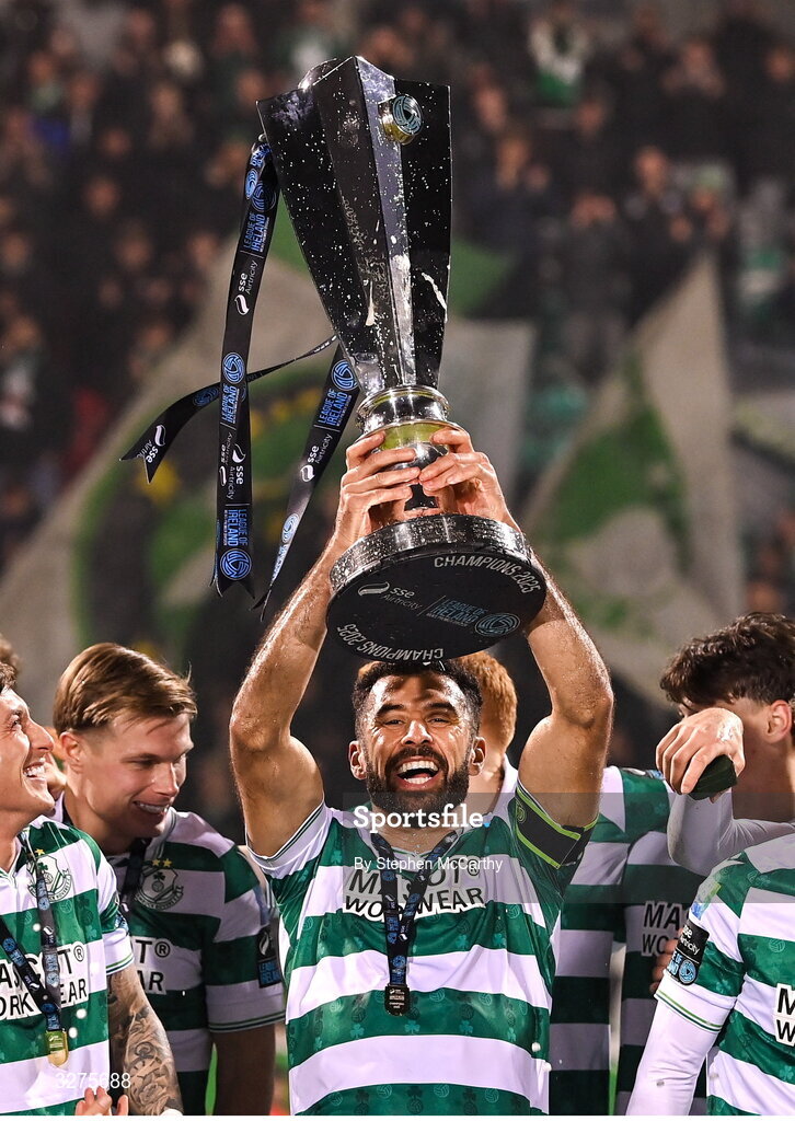 1 November 2025; Shamrock Rovers captain Roberto Lopes and team-mates celebrate with the SSE Airtricity Men's Premier Division trophy after the SSE Airtricity Men's Premier Division match between Shamrock Rovers and Sligo Rovers at Tallaght Stadium in Dublin. Photo by Stephen McCarthy/Sportsfile