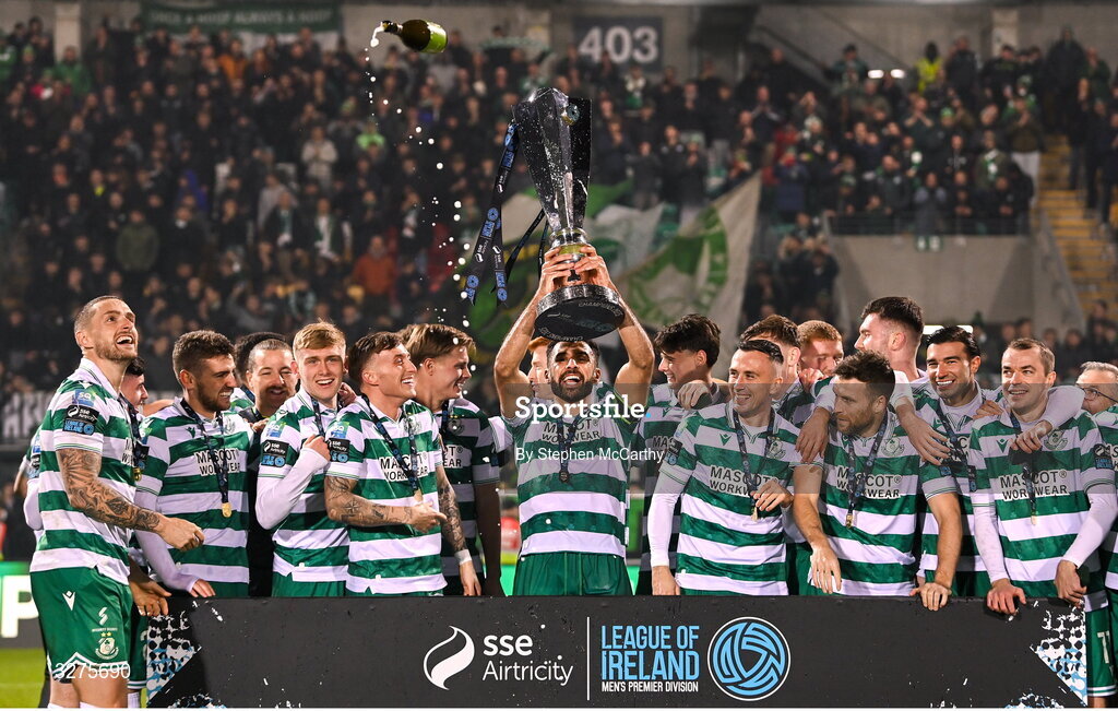 1 November 2025; Shamrock Rovers captain Roberto Lopes and team-mates celebrate with the SSE Airtricity Men's Premier Division trophy after the SSE Airtricity Men's Premier Division match between Shamrock Rovers and Sligo Rovers at Tallaght Stadium in Dublin. Photo by Stephen McCarthy/Sportsfile