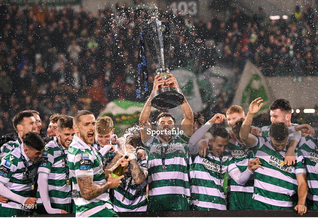 1 November 2025; Shamrock Rovers captain Roberto Lopes and team-mates celebrate with the SSE Airtricity Men's Premier Division trophy as Lee Grace sprays champagne after the SSE Airtricity Men's Premier Division match between Shamrock Rovers and Sligo Rovers at Tallaght Stadium in Dublin. Photo by Stephen McCarthy/Sportsfile