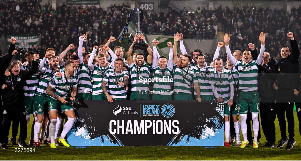1 November 2025; Shamrock Rovers captain Roberto Lopes and team-mates celebrate with the SSE Airtricity Men's Premier Division trophy after the SSE Airtricity Men's Premier Division match between Shamrock Rovers and Sligo Rovers at Tallaght Stadium in Dublin. Photo by Stephen McCarthy/Sportsfile