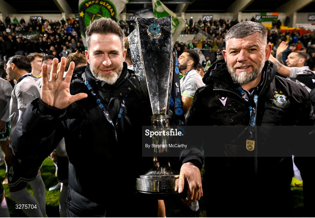 1 November 2025; Shamrock Rovers manager Stephen Bradley and strength and conditioning coach Darren Dillon celebrate with the SSE Airtricity Men's Premier Division trophy after the SSE Airtricity Men's Premier Division match between Shamrock Rovers and Sligo Rovers at Tallaght Stadium in Dublin. Photo by Stephen McCarthy/Sportsfile