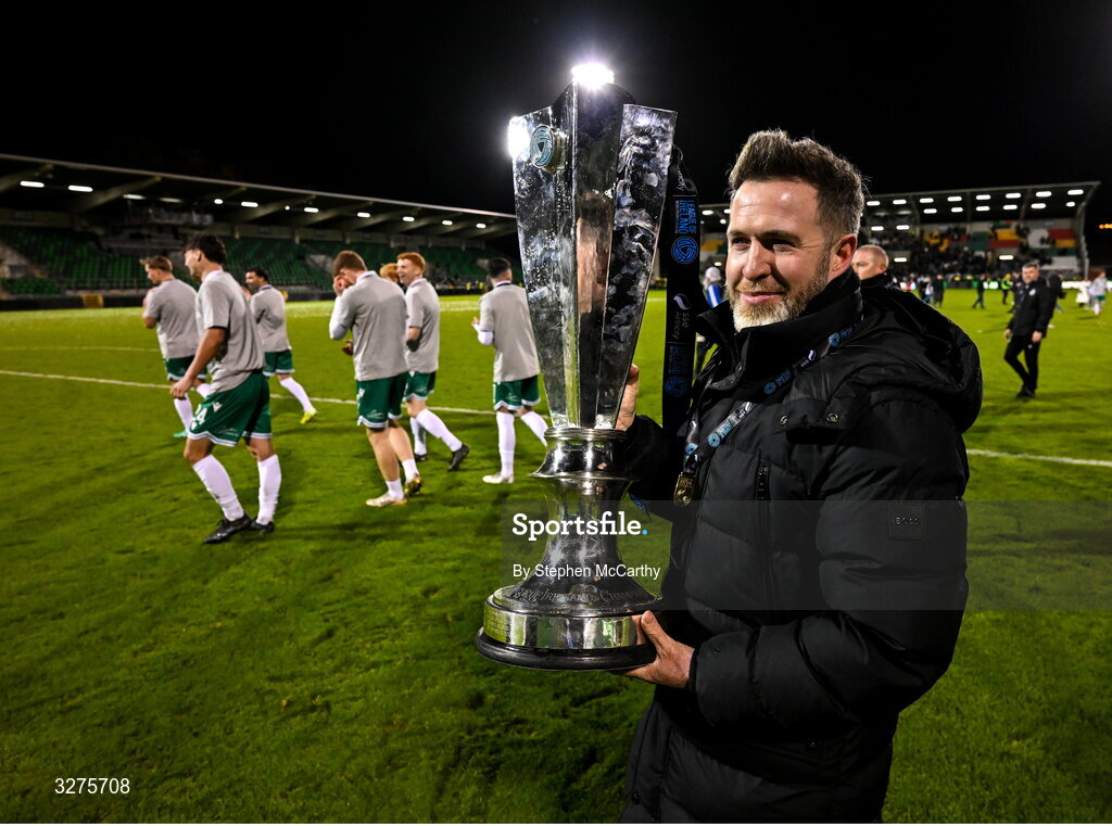 1 November 2025; Shamrock Rovers manager Stephen Bradley celebrates with the SSE Airtricity Men's Premier Division trophy after the SSE Airtricity Men's Premier Division match between Shamrock Rovers and Sligo Rovers at Tallaght Stadium in Dublin. Photo by Stephen McCarthy/Sportsfile