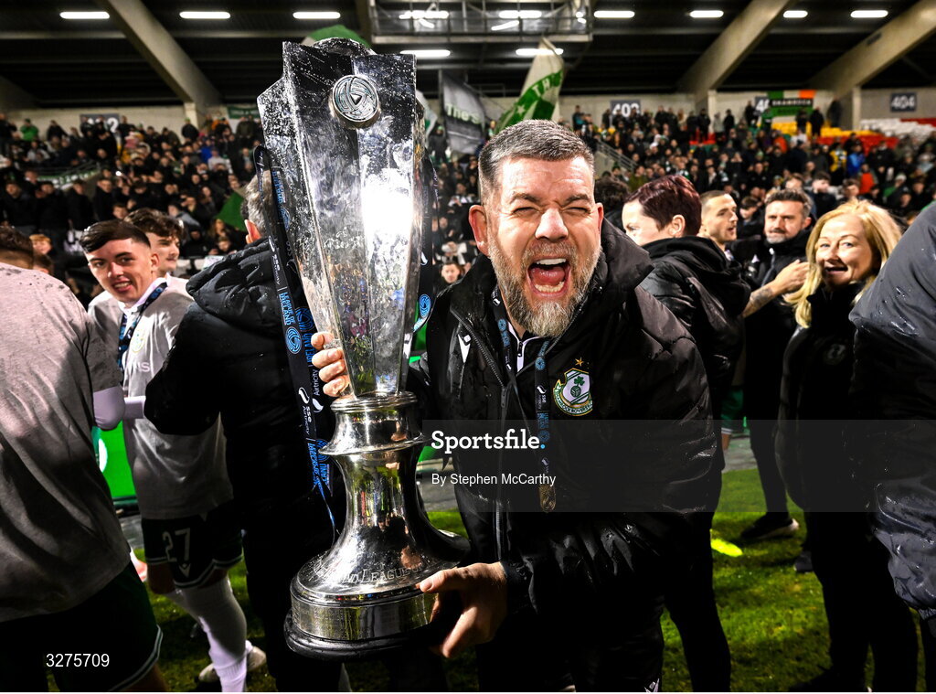 1 November 2025; Shamrock Rovers strength and conditioning coach Darren Dillon celebrates with the SSE Airtricity Men's Premier Division trophy after the SSE Airtricity Men's Premier Division match between Shamrock Rovers and Sligo Rovers at Tallaght Stadium in Dublin. Photo by Stephen McCarthy/Sportsfile