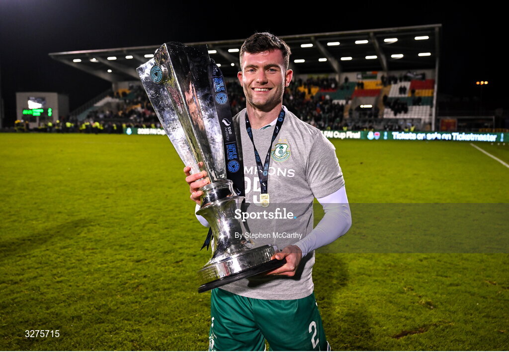 1 November 2025; Josh Honohan of Shamrock Rovers celebrates with the SSE Airtricity Men's Premier Division trophy after the SSE Airtricity Men's Premier Division match between Shamrock Rovers and Sligo Rovers at Tallaght Stadium in Dublin.  Photo by Stephen McCarthy/Sportsfile