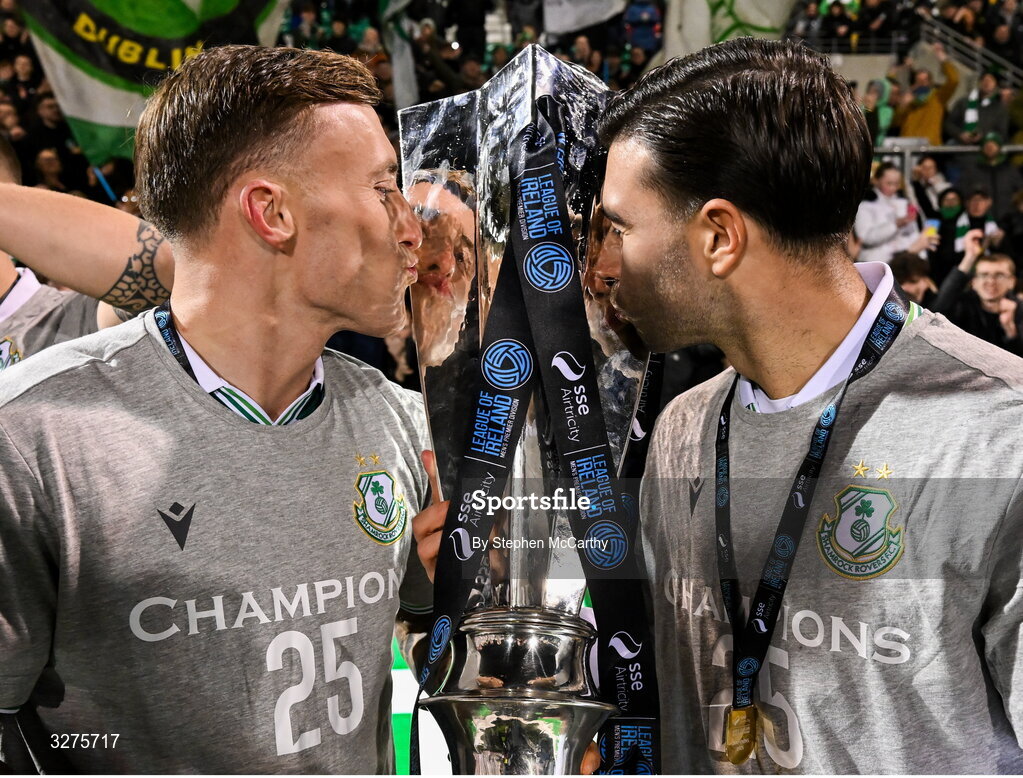 1 November 2025; Danny Grant, left, and Danny Mandroiu of Shamrock Rovers celebrate with the SSE Airtricity Men's Premier Division trophy after the SSE Airtricity Men's Premier Division match between Shamrock Rovers and Sligo Rovers at Tallaght Stadium in Dublin. Photo by Stephen McCarthy/Sportsfile