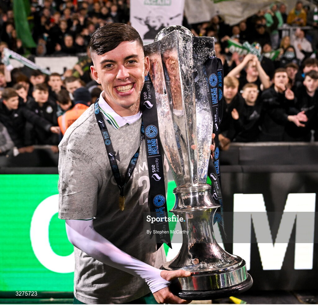 1 November 2025; Cory O'Sullivan of Shamrock Rovers celebrates with the SSE Airtricity Men's Premier Division trophy after the SSE Airtricity Men's Premier Division match between Shamrock Rovers and Sligo Rovers at Tallaght Stadium in Dublin.  Photo by Stephen McCarthy/Sportsfile