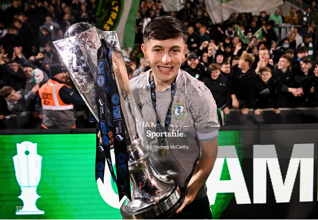 1 November 2025; Cian Barrett of Shamrock Rovers celebrates with the SSE Airtricity Men's Premier Division trophy after the SSE Airtricity Men's Premier Division match between Shamrock Rovers and Sligo Rovers at Tallaght Stadium in Dublin.  Photo by Stephen McCarthy/Sportsfile