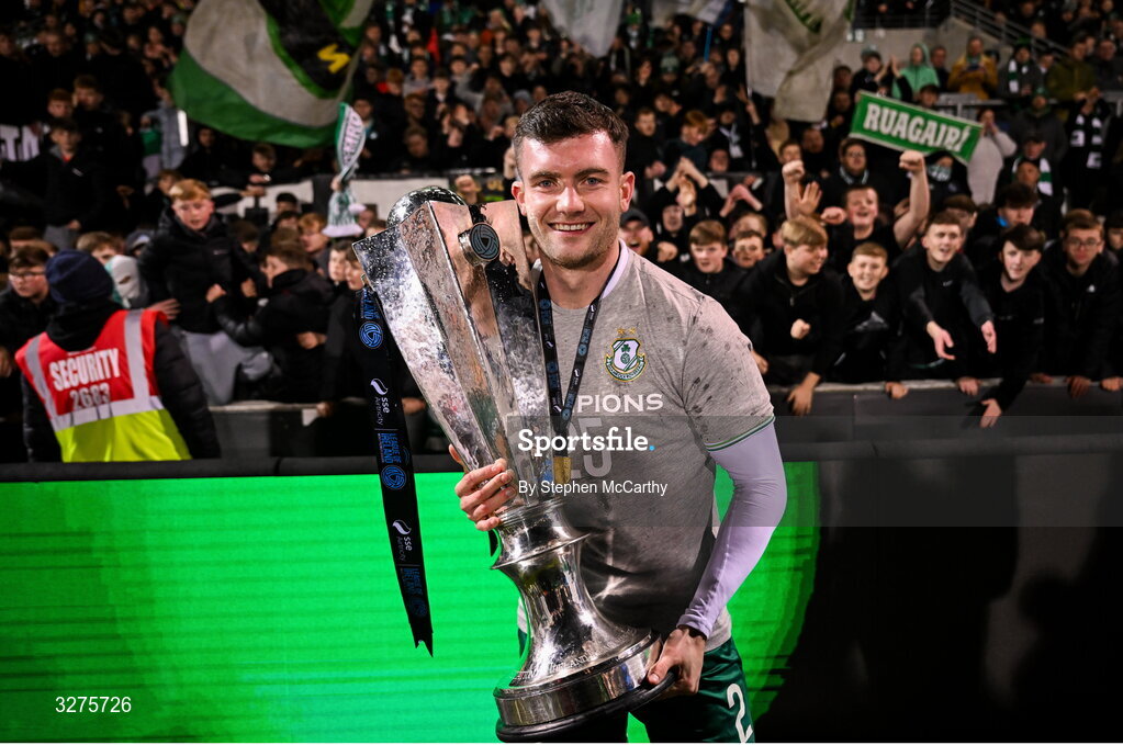 1 November 2025; Josh Honohan of Shamrock Rovers celebrates with the SSE Airtricity Men's Premier Division trophy after the SSE Airtricity Men's Premier Division match between Shamrock Rovers and Sligo Rovers at Tallaght Stadium in Dublin.  Photo by Stephen McCarthy/Sportsfile