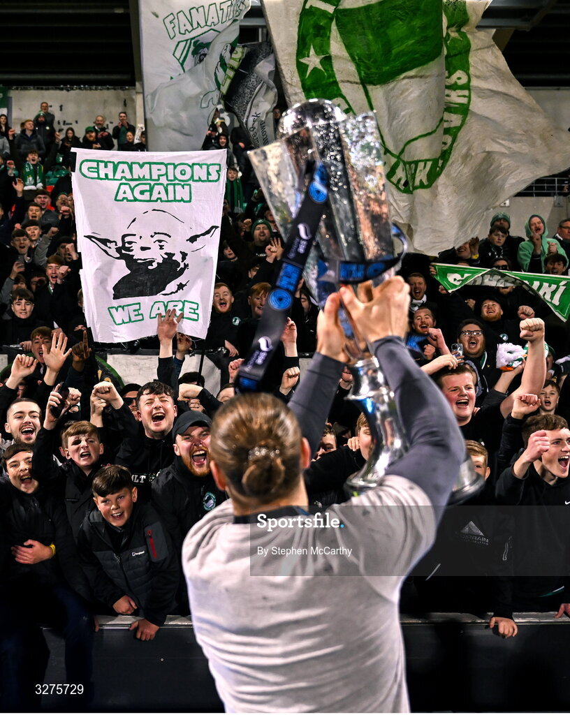 1 November 2025; Shamrock Rovers supporters and goalkeeper Lee Stacey celebrate with the SSE Airtricity Men's Premier Division trophy after the SSE Airtricity Men's Premier Division match between Shamrock Rovers and Sligo Rovers at Tallaght Stadium in Dublin.  Photo by Stephen McCarthy/Sportsfile