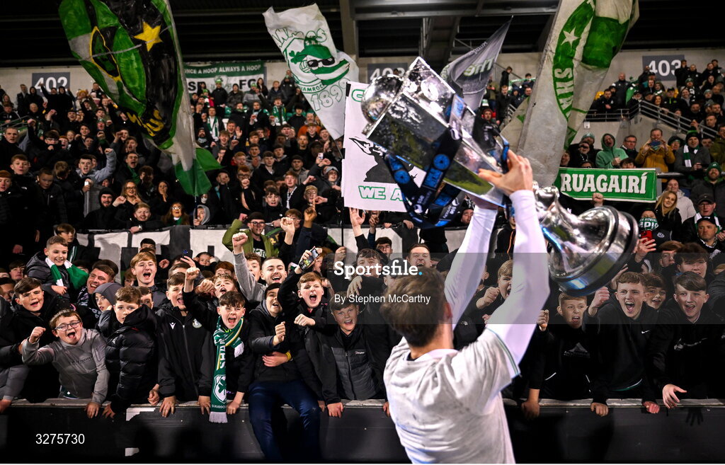 1 November 2025; Shamrock Rovers supporters and John McGovern celebrate with the SSE Airtricity Men's Premier Division trophy after the SSE Airtricity Men's Premier Division match between Shamrock Rovers and Sligo Rovers at Tallaght Stadium in Dublin.  Photo by Stephen McCarthy/Sportsfile