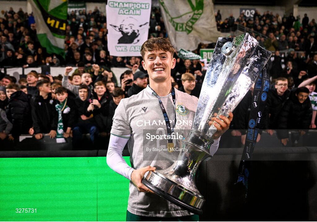 1 November 2025; John McGovern of Shamrock Rovers celebrates with the SSE Airtricity Men's Premier Division trophy after the SSE Airtricity Men's Premier Division match between Shamrock Rovers and Sligo Rovers at Tallaght Stadium in Dublin.  Photo by Stephen McCarthy/Sportsfile