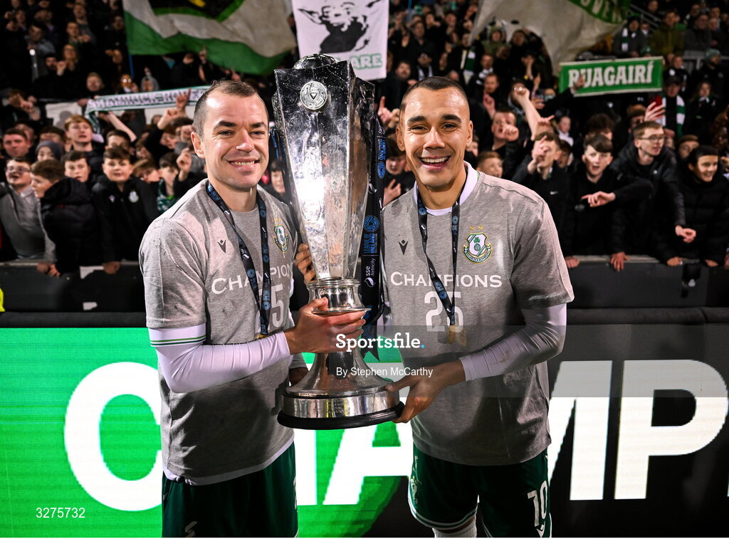 1 November 2025; Sean Kavanagh, left, and Graham Burke of Shamrock Rovers celebrate with the SSE Airtricity Men's Premier Division trophy after the SSE Airtricity Men's Premier Division match between Shamrock Rovers and Sligo Rovers at Tallaght Stadium in Dublin.  Photo by Stephen McCarthy/Sportsfile