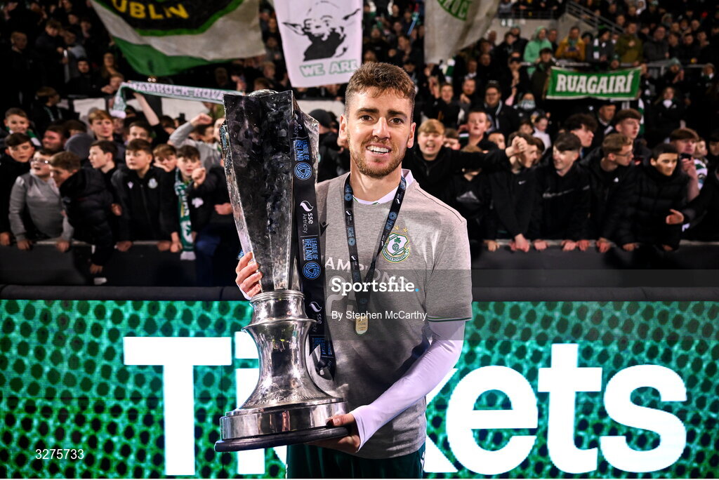 1 November 2025; Dylan Watts of Shamrock Rovers celebrates with the SSE Airtricity Men's Premier Division trophy after the SSE Airtricity Men's Premier Division match between Shamrock Rovers and Sligo Rovers at Tallaght Stadium in Dublin.  Photo by Stephen McCarthy/Sportsfile