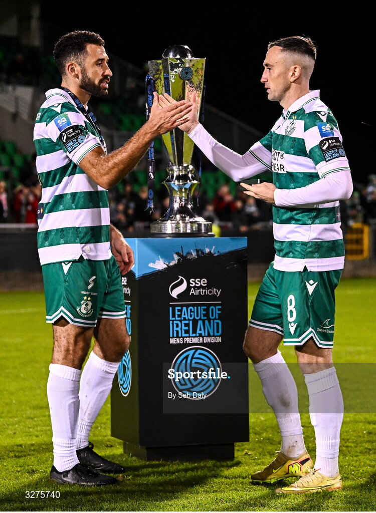 1 November 2025; Shamrock Rovers players Roberto Lopes, left, and Aaron McEneff after the SSE Airtricity Men's Premier Division match between Shamrock Rovers and Sligo Rovers at Tallaght Stadium in Dublin. Photo by Seb Daly/Sportsfile