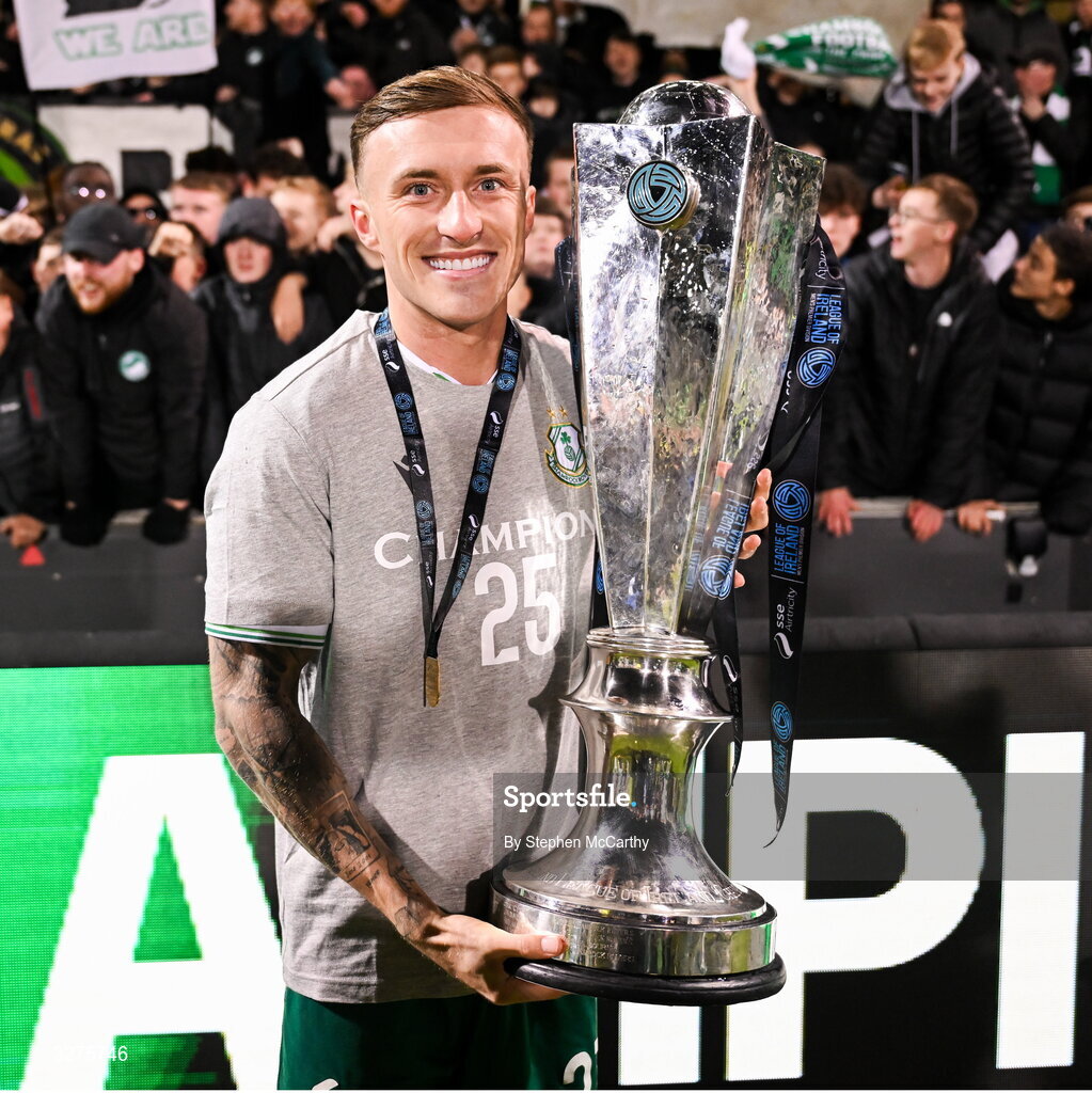 1 November 2025; Danny Grant of Shamrock Rovers celebrates with the SSE Airtricity Men's Premier Division trophy after the SSE Airtricity Men's Premier Division match between Shamrock Rovers and Sligo Rovers at Tallaght Stadium in Dublin.  Photo by Stephen McCarthy/Sportsfile