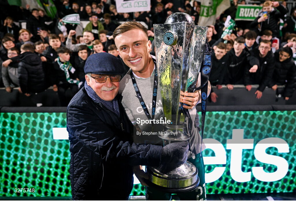 1 November 2025; Danny Grant of Shamrock Rovers celebrates with the SSE Airtricity Men's Premier Division trophy after the SSE Airtricity Men's Premier Division match between Shamrock Rovers and Sligo Rovers at Tallaght Stadium in Dublin.  Photo by Stephen McCarthy/Sportsfile