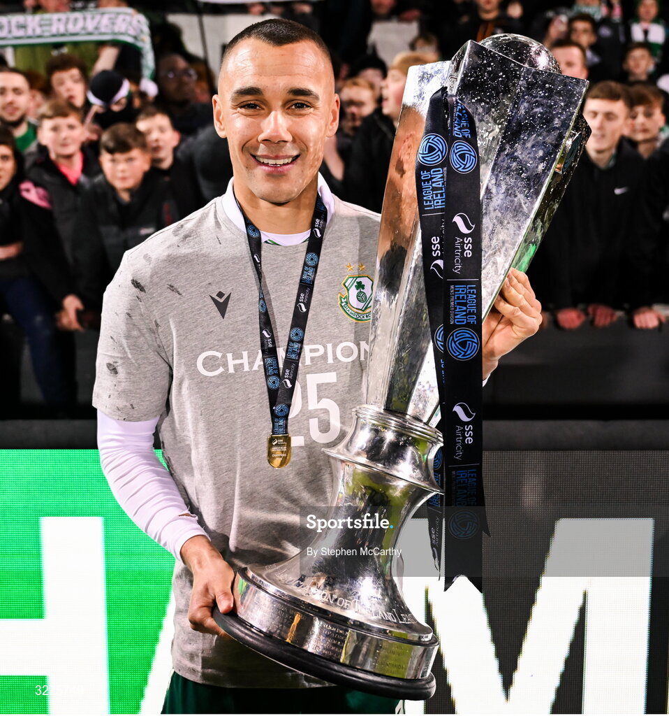 1 November 2025; Graham Burke of Shamrock Rovers celebrates with the SSE Airtricity Men's Premier Division trophy after the SSE Airtricity Men's Premier Division match between Shamrock Rovers and Sligo Rovers at Tallaght Stadium in Dublin.  Photo by Stephen McCarthy/Sportsfile