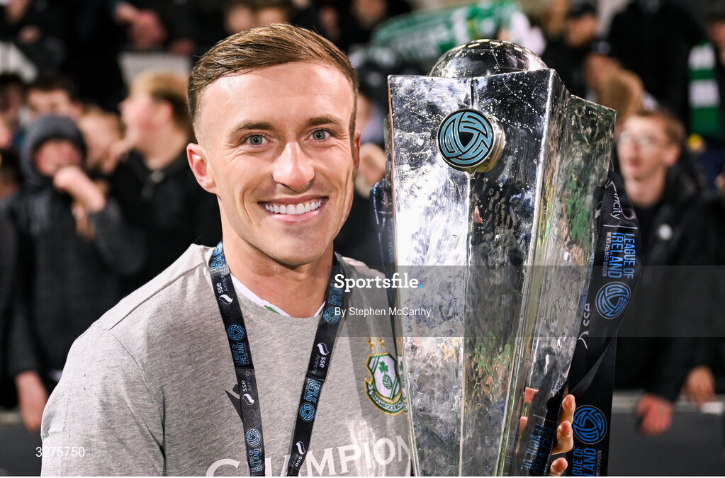 1 November 2025; Danny Grant of Shamrock Rovers celebrates with the SSE Airtricity Men's Premier Division trophy after the SSE Airtricity Men's Premier Division match between Shamrock Rovers and Sligo Rovers at Tallaght Stadium in Dublin.  Photo by Stephen McCarthy/Sportsfile