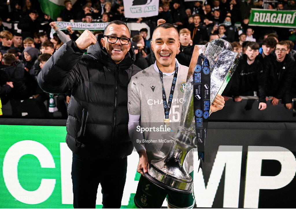 1 November 2025; Graham Burke of Shamrock Rovers and his father celebrate with the SSE Airtricity Men's Premier Division trophy after the SSE Airtricity Men's Premier Division match between Shamrock Rovers and Sligo Rovers at Tallaght Stadium in Dublin. Photo by Stephen McCarthy/Sportsfile