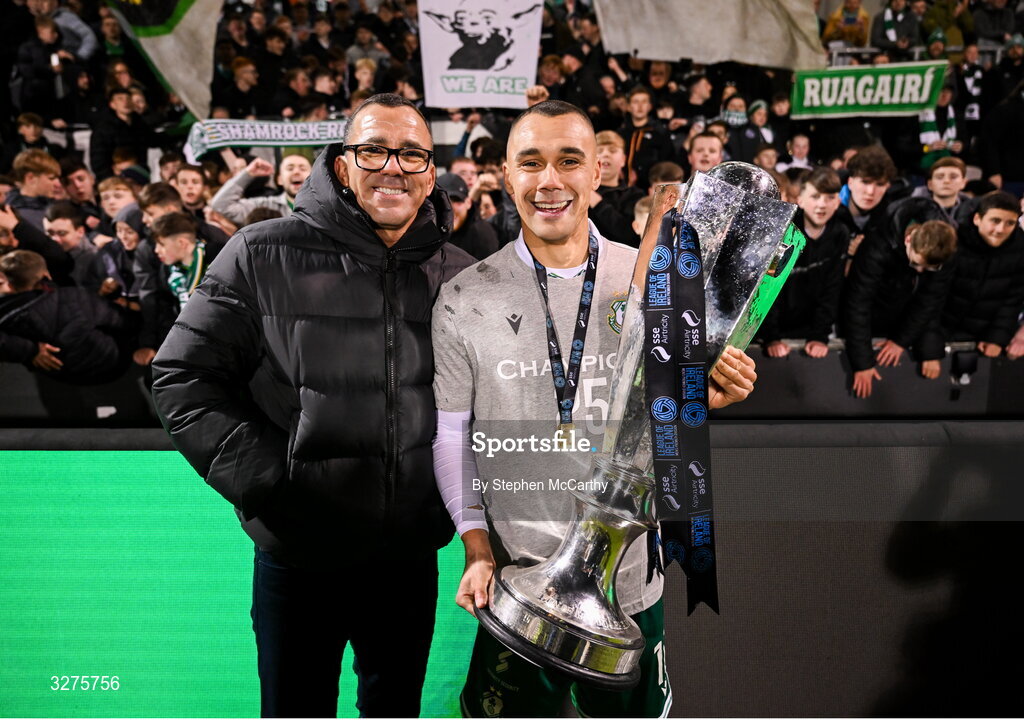 1 November 2025; Graham Burke of Shamrock Rovers and his father celebrate with the SSE Airtricity Men's Premier Division trophy after the SSE Airtricity Men's Premier Division match between Shamrock Rovers and Sligo Rovers at Tallaght Stadium in Dublin. Photo by Stephen McCarthy/Sportsfile