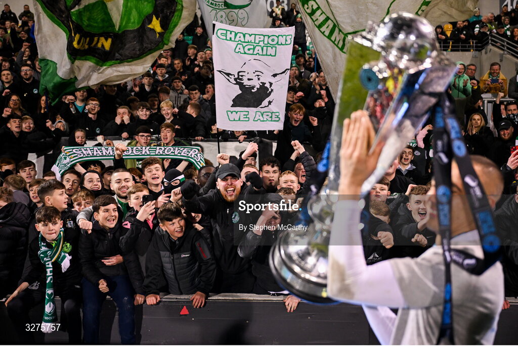 1 November 2025; Shamrock Rovers supporters and Graham Burke celebrate with the SSE Airtricity Men's Premier Division trophy after the SSE Airtricity Men's Premier Division match between Shamrock Rovers and Sligo Rovers at Tallaght Stadium in Dublin.  Photo by Stephen McCarthy/Sportsfile