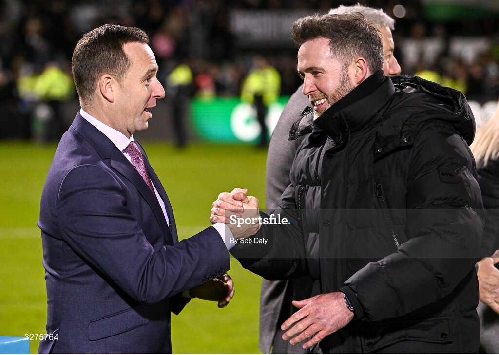 1 November 2025; League of Ireland director Mark Scanlon, left, congratulates Shamrock Rovers manager Stephen Bradley after the SSE Airtricity Men's Premier Division match between Shamrock Rovers and Sligo Rovers at Tallaght Stadium in Dublin. Photo by Seb Daly/Sportsfile