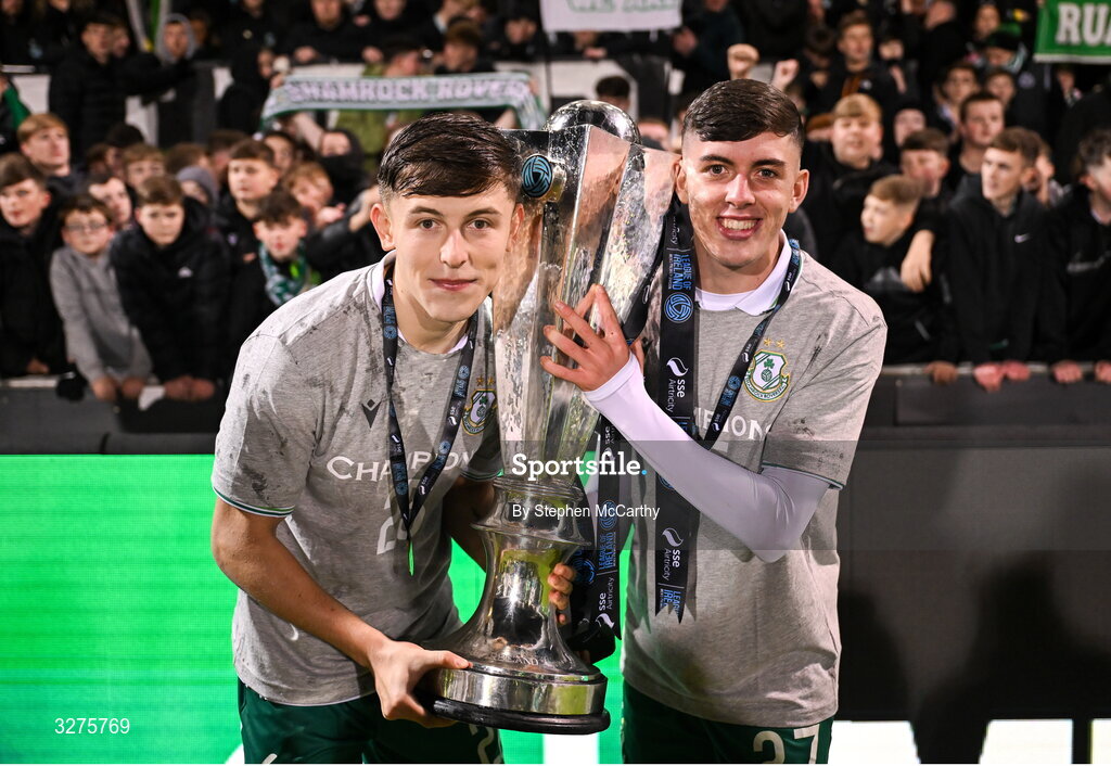 1 November 2025; Cian Barrett, left, and Cory O'Sullivan of Shamrock Rovers celebrate with the SSE Airtricity Men's Premier Division trophy after the SSE Airtricity Men's Premier Division match between Shamrock Rovers and Sligo Rovers at Tallaght Stadium in Dublin.  Photo by Stephen McCarthy/Sportsfile