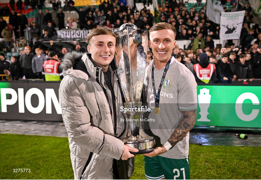 1 November 2025; Danny Grant of Shamrock Rovers and his brother Evin, left, celebrate with the SSE Airtricity Men's Premier Division trophy after the SSE Airtricity Men's Premier Division match between Shamrock Rovers and Sligo Rovers at Tallaght Stadium in Dublin. Photo by Stephen McCarthy/Sportsfile