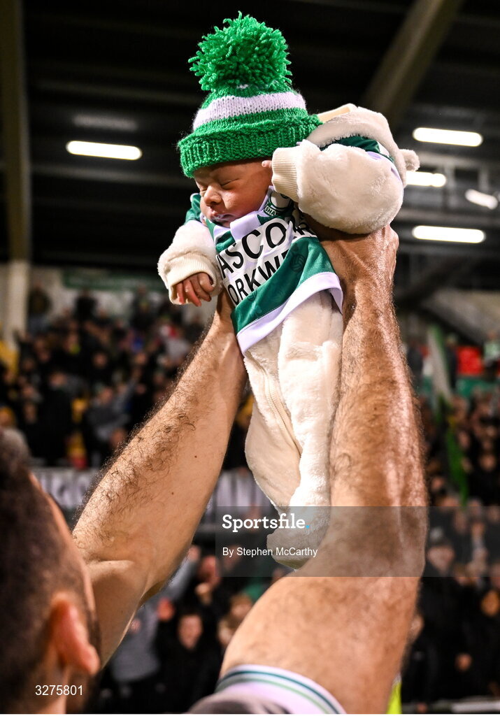 1 November 2025; Diego Lopes is held aloft in celebration by his father Roberto Lopes of Shamrock Rovers after the SSE Airtricity Men's Premier Division match between Shamrock Rovers and Sligo Rovers at Tallaght Stadium in Dublin. Photo by Stephen McCarthy/Sportsfile