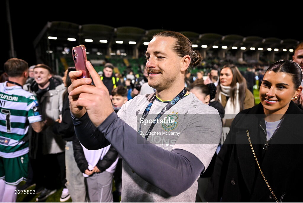 1 November 2025; Shamrock Rovers goalkeeper Lee Stacey takes a photograph after the SSE Airtricity Men's Premier Division match between Shamrock Rovers and Sligo Rovers at Tallaght Stadium in Dublin. Photo by Stephen McCarthy/Sportsfile