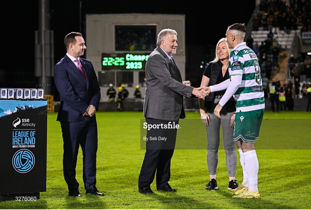 1 November 2025; FAI President Paul Cooke congratulates Aaron McEneff of Shamrock Rovers after the SSE Airtricity Men's Premier Division match between Shamrock Rovers and Sligo Rovers at Tallaght Stadium in Dublin. Photo by Seb Daly/Sportsfile