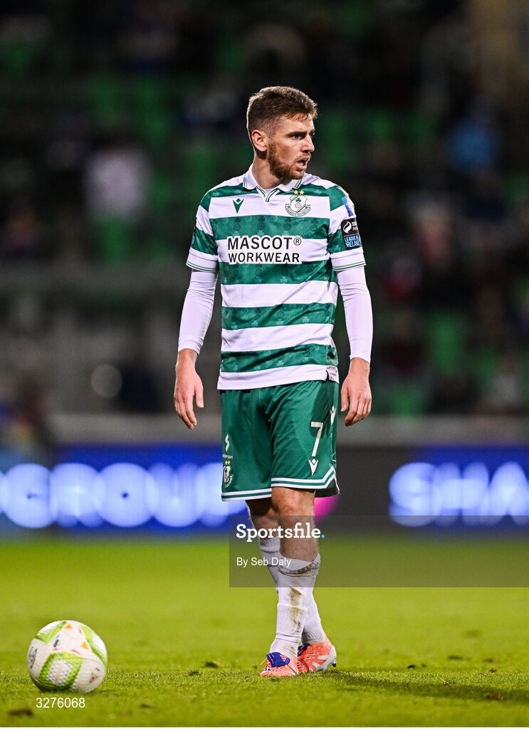 1 November 2025; Dylan Watts of Shamrock Rovers during the SSE Airtricity Men's Premier Division match between Shamrock Rovers and Sligo Rovers at Tallaght Stadium in Dublin. Photo by Seb Daly/Sportsfile