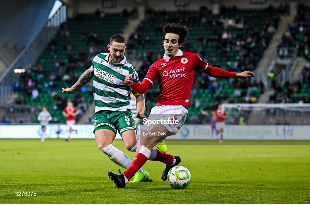 1 November 2025; Jad Hakiki of Sligo Rovers in action against Lee Grace of Shamrock Rovers during the SSE Airtricity Men's Premier Division match between Shamrock Rovers and Sligo Rovers at Tallaght Stadium in Dublin. Photo by Seb Daly/Sportsfile